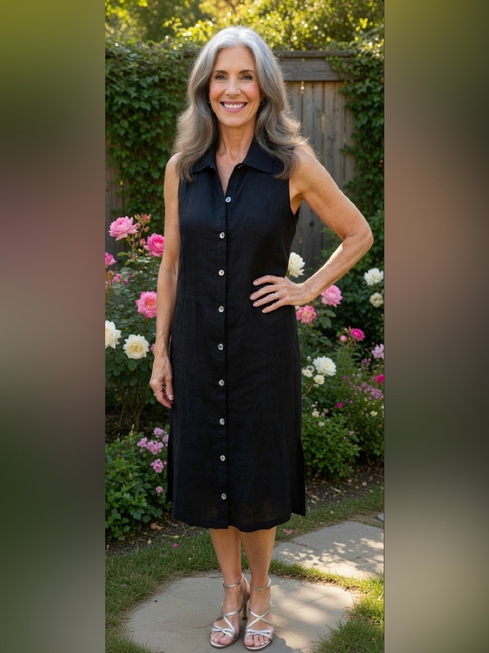 FLAX Lightweight Linen Night Sky Sleeveless Button Front Midi Dress Black S *EUC